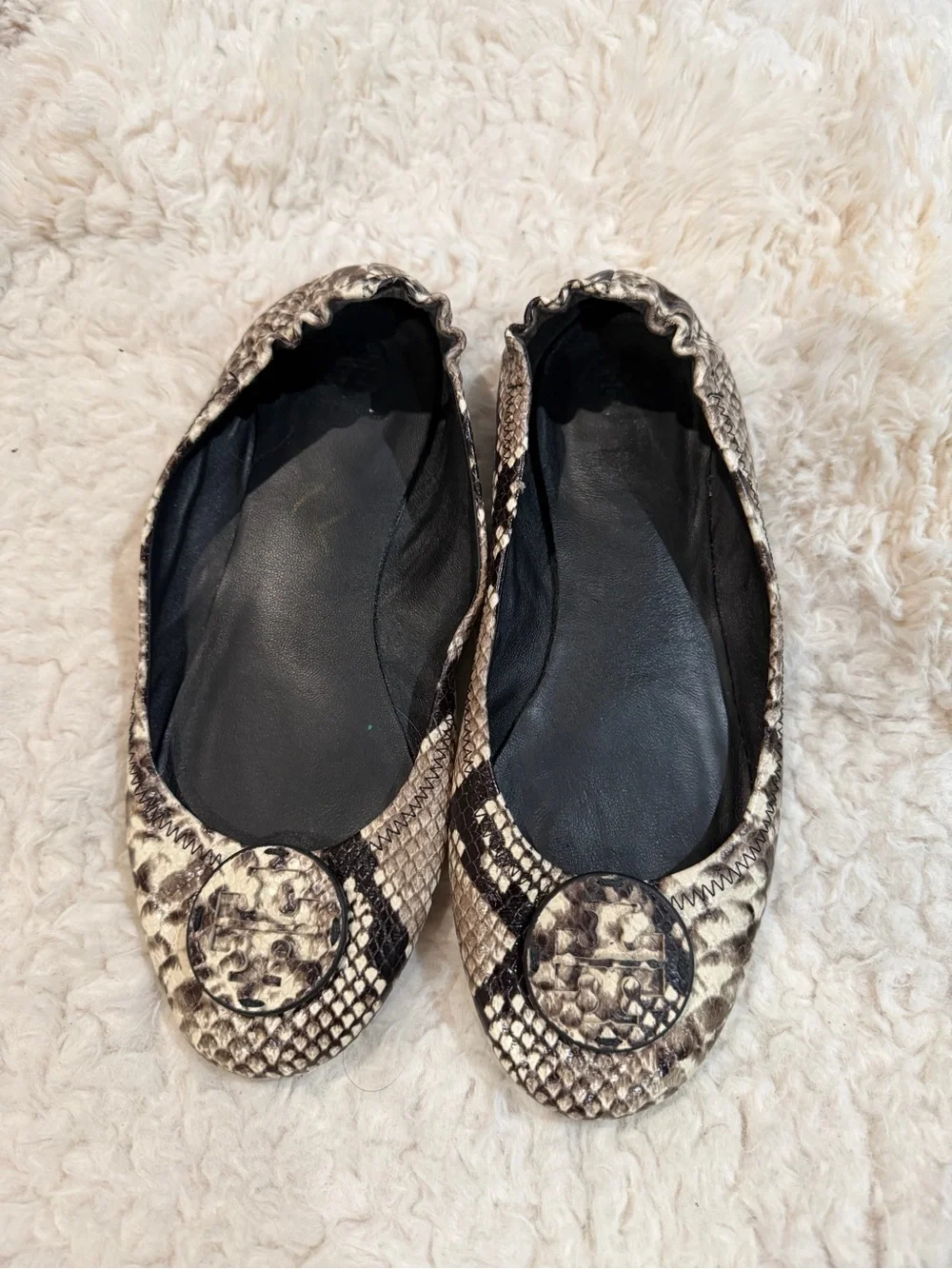 Tory Burch Snake-Print Ballet Flats in Cream and Black